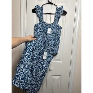 NEW J. Crew Smocked Ruffle Shoulder Blue Tank Top Blouse Skirt Set Womens XXS